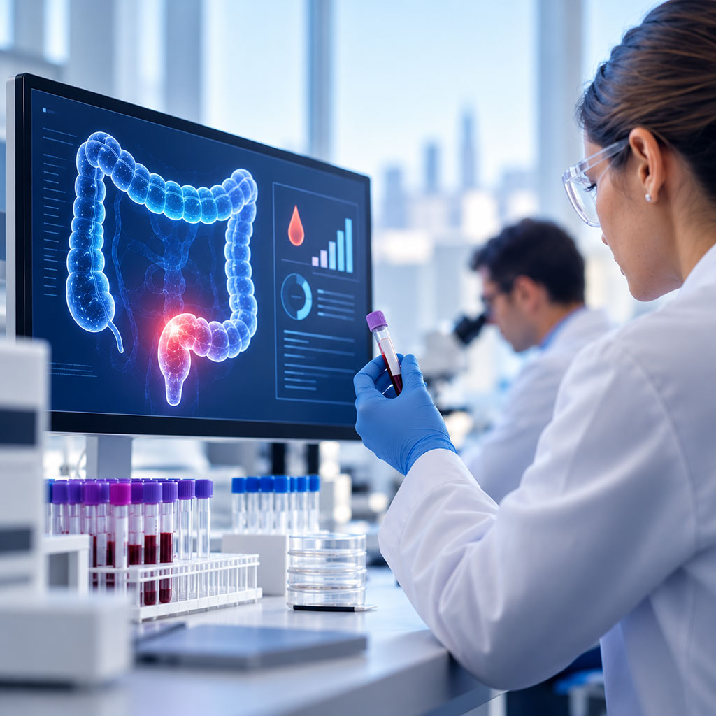 Illustration representing blood-based colorectal cancer screening, AI-powered digital pathology, and the regulatory pathway to European diagnostic market access